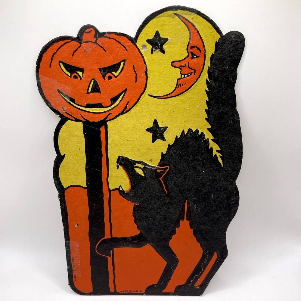 Vintage 1940s‎ Halloween Die Cut Black Cat Jack O Lantern Embossed H E Luhrs